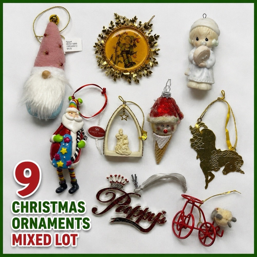 Vintage Christmas Ornament Lot of 9 Precious Moments Hummel Santa Glass Metal